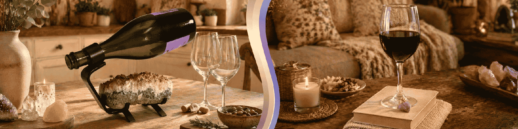 To the left, a wine bottle holder with two wine glasses on a counter. To the right, a glass of wine on a stand against a cozy background.