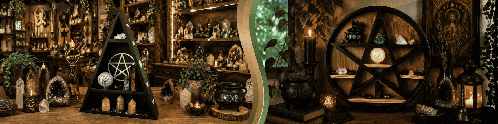 On the left, a black triangular display with a silver metal pentacle in the center, featuring a standing point, a sphere, and stones. On the right, a black circular pentacle display on a wooden shelf, featuring a figurine, stones, a standing point, and a sphere.