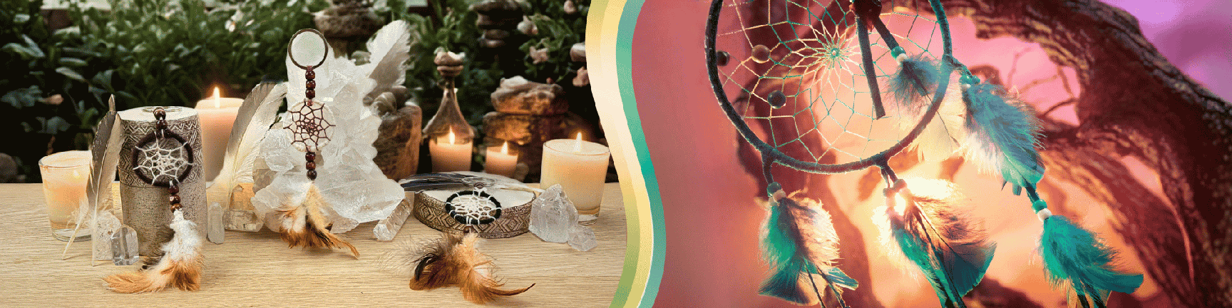 Left: A collection of dreamcatchers displayed with clear quartz crystals, lit candles, and decorative feathers on a wooden table in a lush outdoor setting. Right: A close-up of a turquoise dreamcatcher with feathers backlit by a warm sunset.