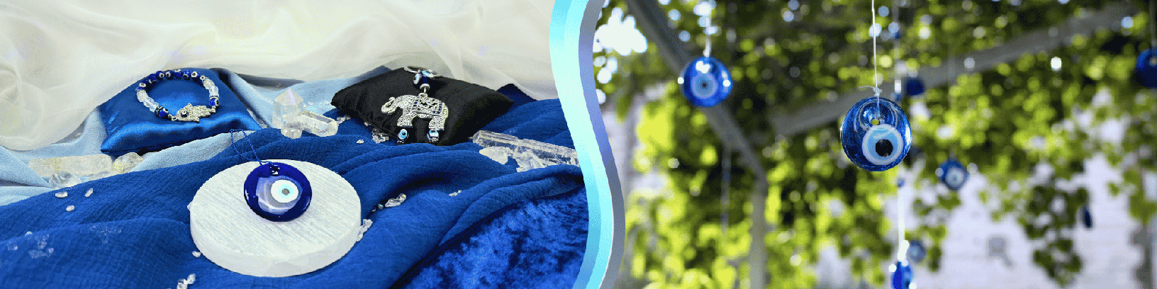 Several evil eye products displayed on blue fabric on the left, and hanging evil eye ornaments outdoors on the right.