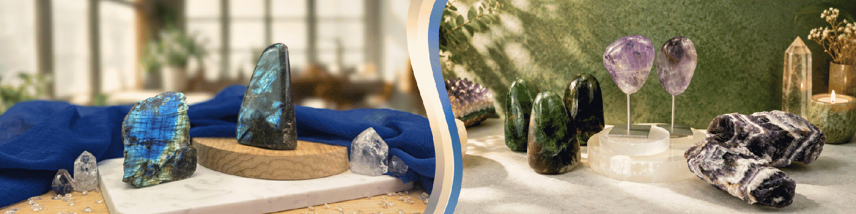 To the left, two labradorite free shapes displayed on a stone slab and a wooden stand. To the right, a variety of labradorite free shapes in different textures and finishes, including polished, rough, and mounted on metal stands.
