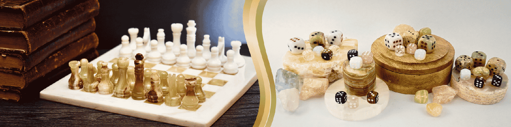 The left side features a chessboard game with a book beside it. The right side features several dice on a box, along with stone slices and rough stones.