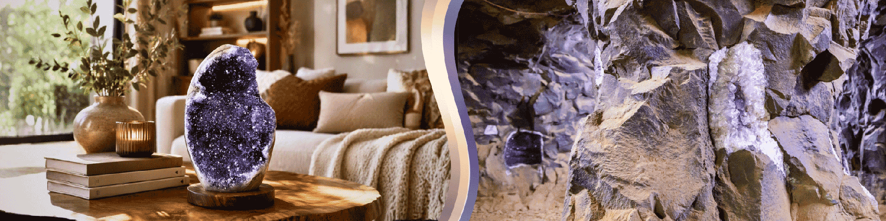 On the left, a geode is displayed on a table in a living room. On the right, a rough geode is embedded in a rock wall.