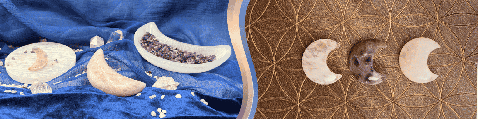 Three moon-themed products displayed on blue fabric on the left, and three moon carvings displayed on a brown Seed of Life design on the right.