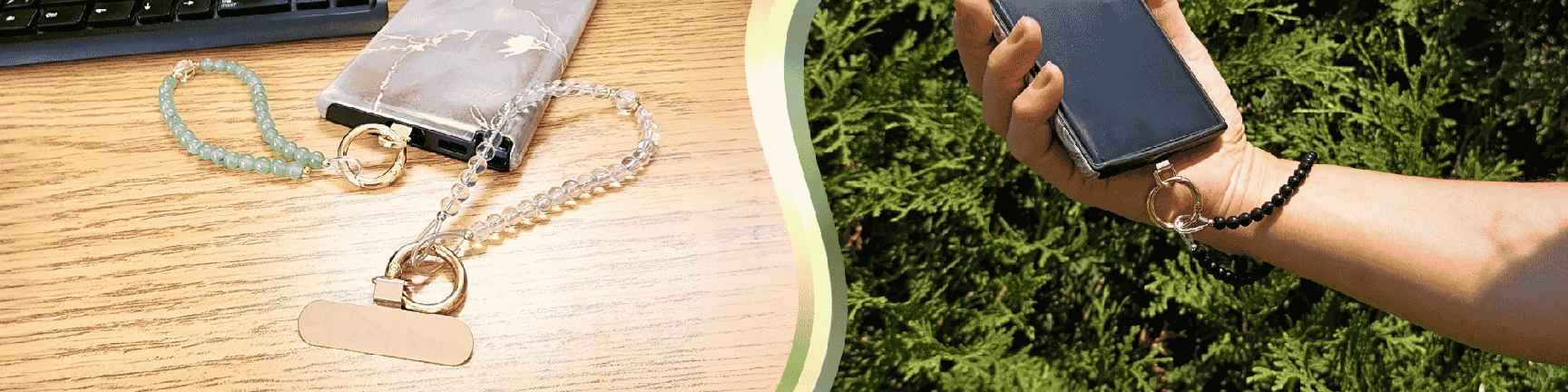 Two phone accessories displayed on a wooden table on the left and worn on a wrist with a natural outdoor background on the right.