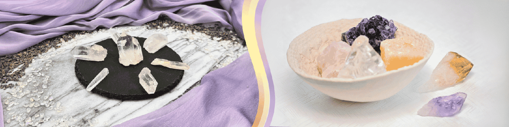 Left: Some crystal points arranged in a circular pattern on a black tourmaline plaque, surrounded by stone chips and purple fabric. Right: Several crystal points displayed in a bowl, with two additional points placed on either side of the bowl against a white background.