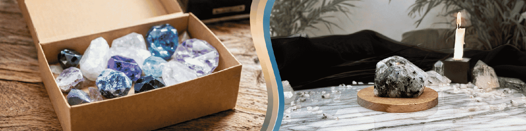 To the left, several crystal polygons displayed in a box. To the right, a crystal polygon on a wooden plaque, surrounded by crystal chip stones.