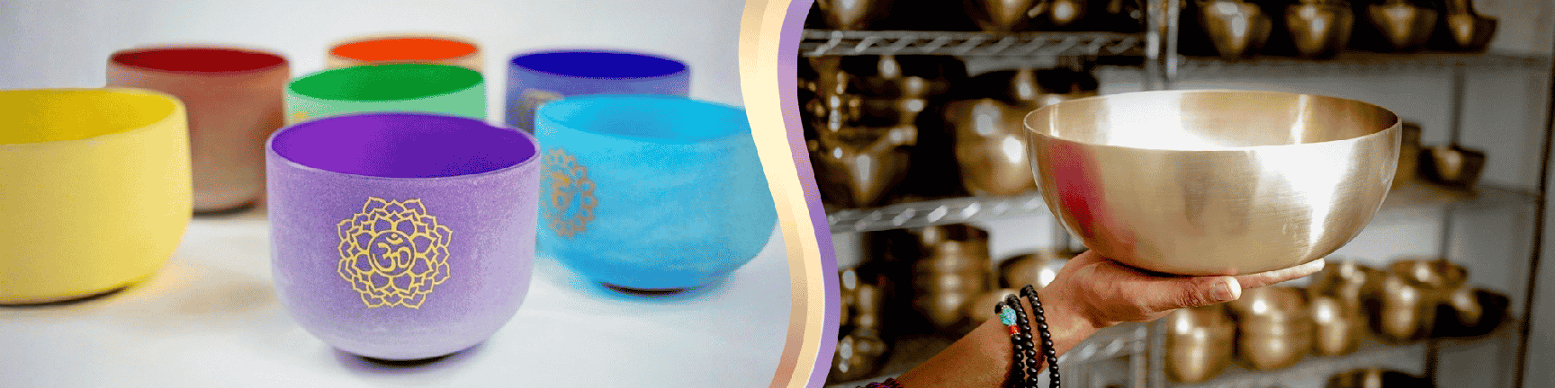 Seven chakra singing bowls on a white background on the left, and a singing bowl in a hand with shelves in the background on the right.
