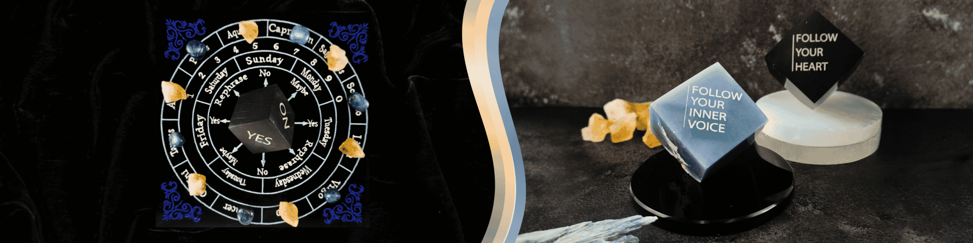 To the left, a pendulum divination board with crystals and a yes/no pendulum cube. To the right, engraved intention cubes reading "Follow Your Inner Voice" and "Follow Your Heart" displayed on rotating stands with crystal accents.