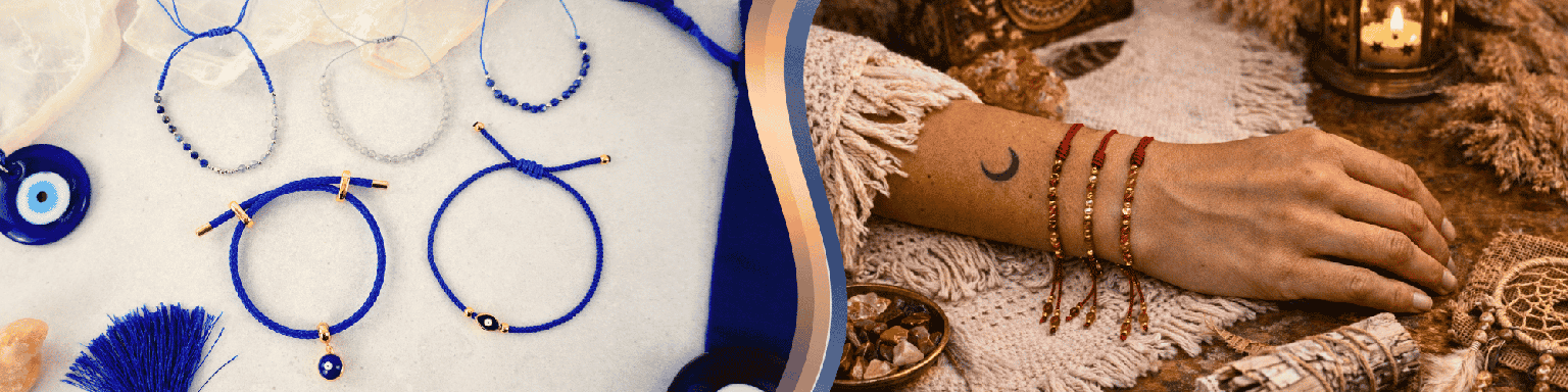 To the left, many cord bracelets featuring evil eye designs are displayed. To the right, an arm wearing three red cord bracelets on the wrist.