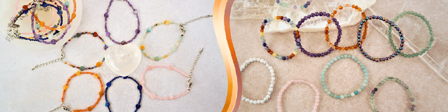 To the left, a heart-shaped stone is in the center, surrounded by six small size bracelets with heart charms, with a few more bracelets in a bowl at the side. To the right, many beaded bracelets are displayed on a stone.