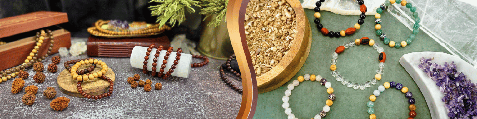 To the left, many wooden bracelets are displayed on a wooden coaster and a white stand, surrounded by rudraksha beads. To the right, five bracelets made of wood and stone beads are displayed on a green surface.