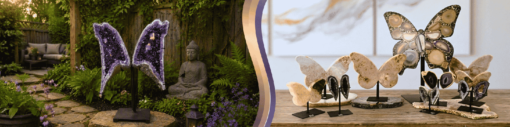 To the left, an amethyst butterfly sits on a stone in a garden, with a meditating Buddha in the background. To the right, many butterflies with different shapes and designs are displayed on a wooden table.