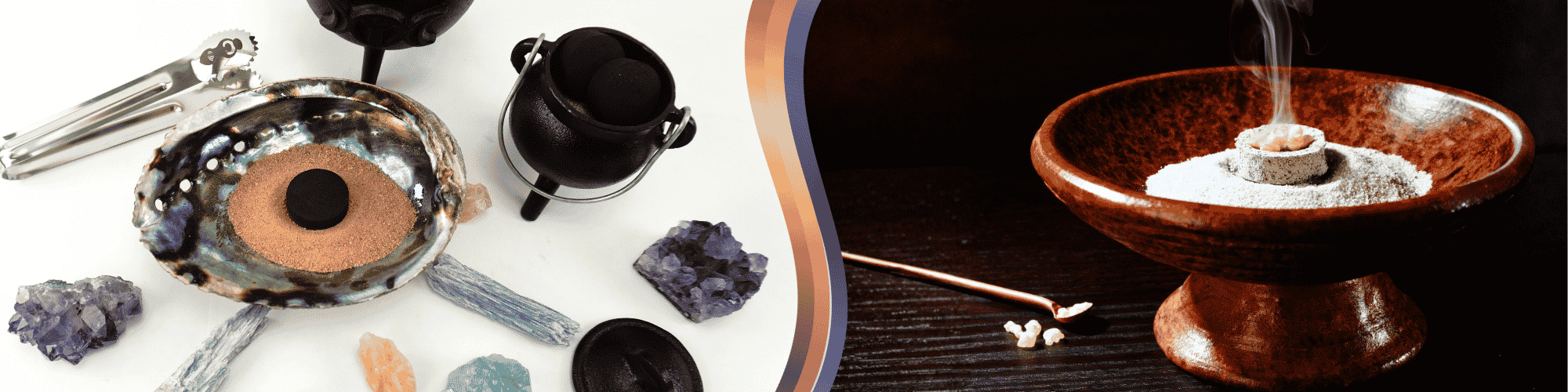 On the left, an abalone shell filled with sand, a round charcoal disk, a cauldron, charcoal tongs, and a few rough and druzy stones. On the right, an incense holder with a burning incense stick.
