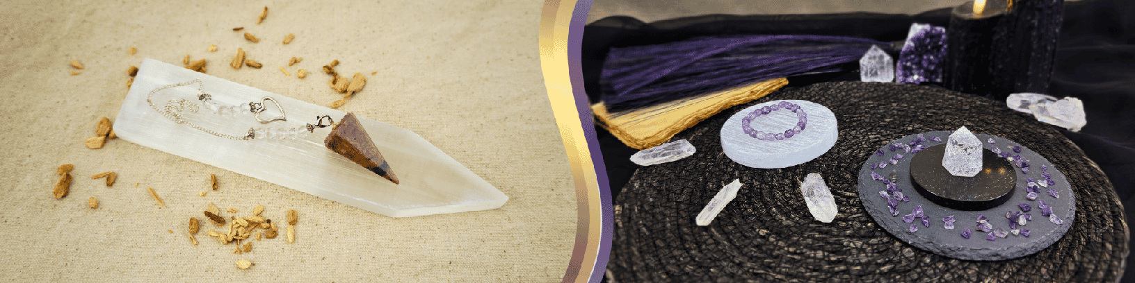 To the left, a selenite charger plate with a pendulum on it. To the right, two round charger plates are displayed on a rattan table, one with a crystal point surrounded by amethyst stones and the other with a bracelet.
