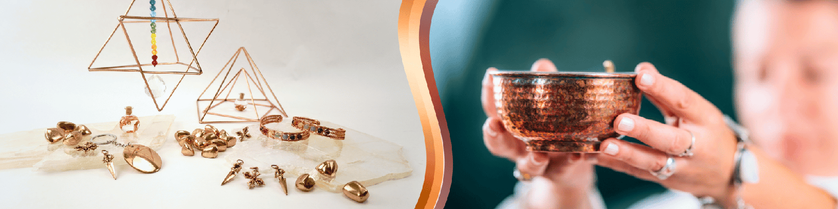 To the left, many copper items are displayed, including hanging decorations, a pyramid, a keychain, bottles, tumbled stones, a bracelet, and pendants. To the right, a person is holding a copper bowl.