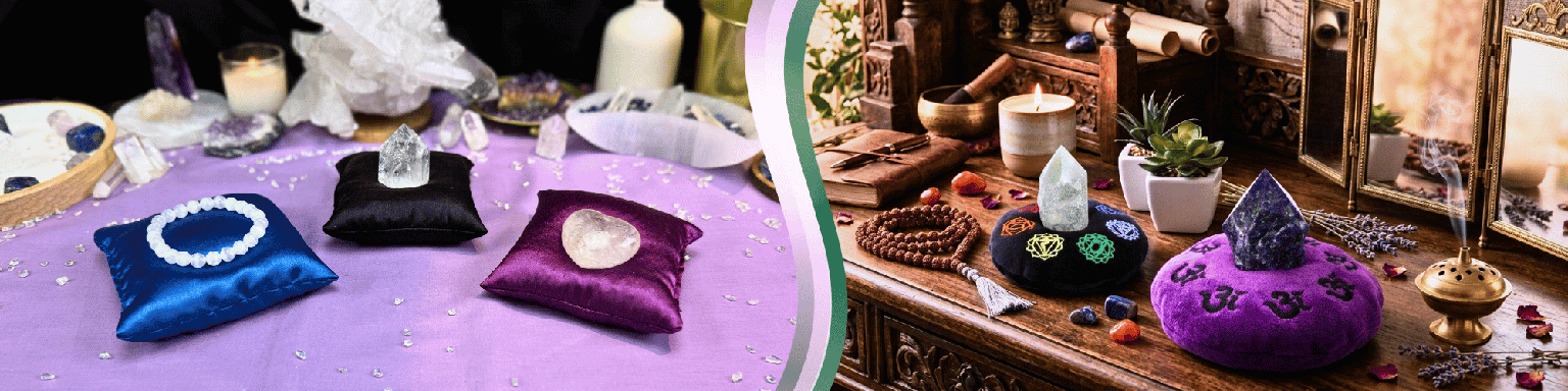 On the left, three cushions are displayed, each with a different item placed on top, against a background of gemstones. On the right, two different cushions with points on top are displayed on wooden furniture, surrounded by japa malas, stones, and plants