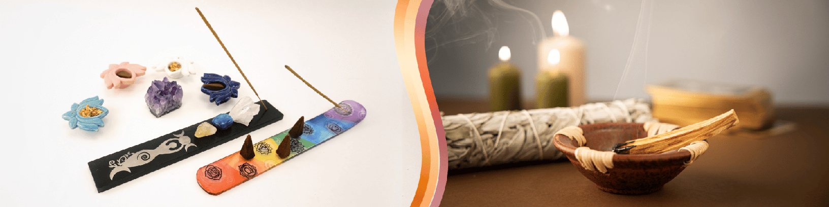 To the left, two incense holders are displayed on a white surface, each with an incense stick. One of the incense holders, featuring a goddess design, has stones on it, while the other, featuring a chakra design, holds cone incenses. A few lotus-shaped ceramic incense holders are in the background. To the right, a palo santo stick is burning in a bowl, with candles and a smudge stick in the background.