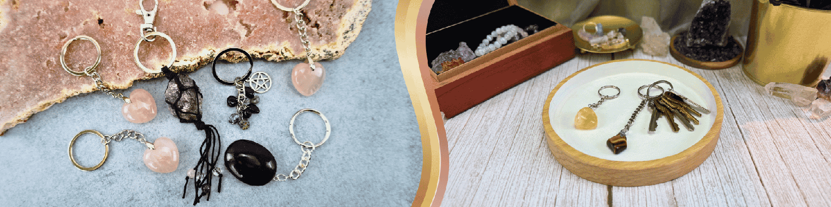 To the left, a few keychains in different shapes, including hearts, rough stones, worry stones, and nuggets with charms, are displayed on and beside a stone. To the right, two keychains and a set of keys are displayed in a round bowl used as a key container.