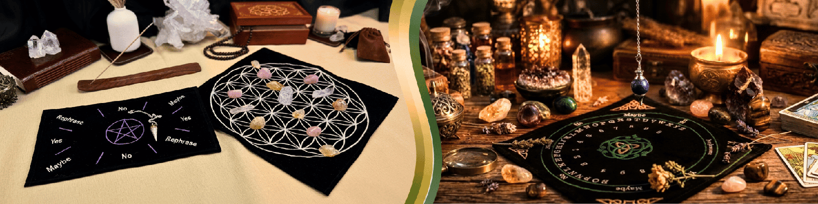 A display of divination and crystal-themed items. On the left, black cloths feature a pendulum board and a flower-of-life design decorated with gemstones, surrounded by crystals, candles, and small pouches. On the right, a dark wooden table displays a pendulum board, crystals, stones, candles, jars, and other spiritual objects.