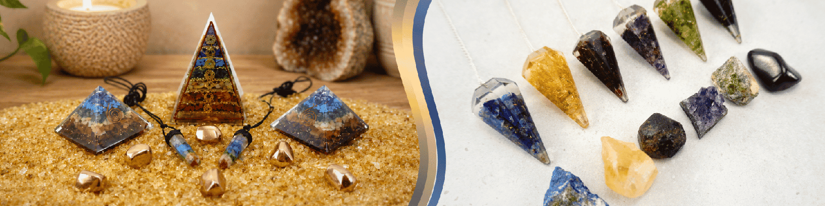 To the left, many orgone items are displayed on a yellow bed of chip stones. To the right, a few orgone pendulums are displayed, each with a stone matching the stone in the pendulum, placed in front of it.