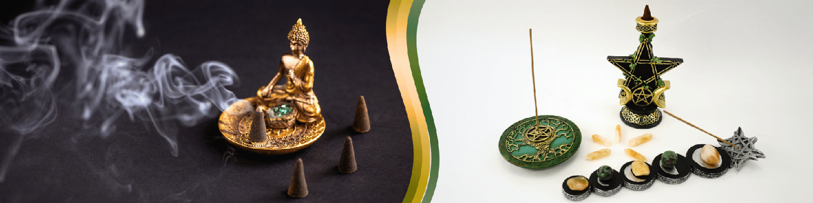 To the left, a resin incense holder is in use, with three cone incense sticks beside it. To the right, three different styles of resin incense holders are displayed: a round one with a Tree of Life design, a moon-phase design, and a pentacle design, all on a white background.