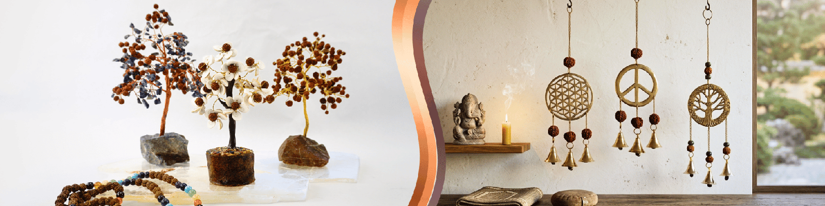 To the left, three gemstone trees are displayed on translucent stones. To the right, three hanging items with rudraksha beads are hanging from the ceiling above a wooden piece of furniture, beside a window.