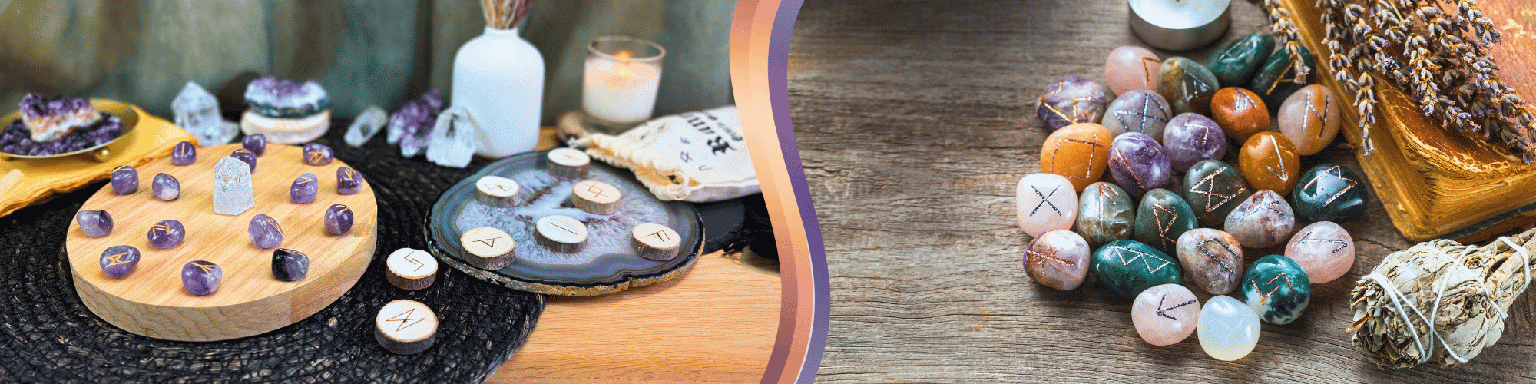 To the left, two sets of runes are displayed on a table. One set of wooden runes is displayed on a slice of stone, while the other set of purple runes is arranged around a white crystal point on a wooden plaque. To the right, a bunch of rune stones in different colors are displayed in a circle.