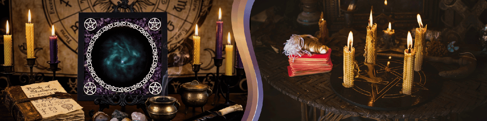 To the left, a scrying mirror is displayed in a witchy setting. To the right, a plaque with a candle placed at each point of a pentacle.