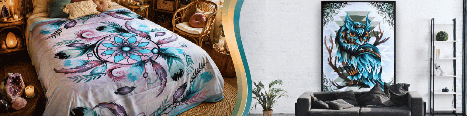 To the left, a tapestry is displayed on a bed like a blanket. To the right, a tapestry is displayed on the wall of a living room.