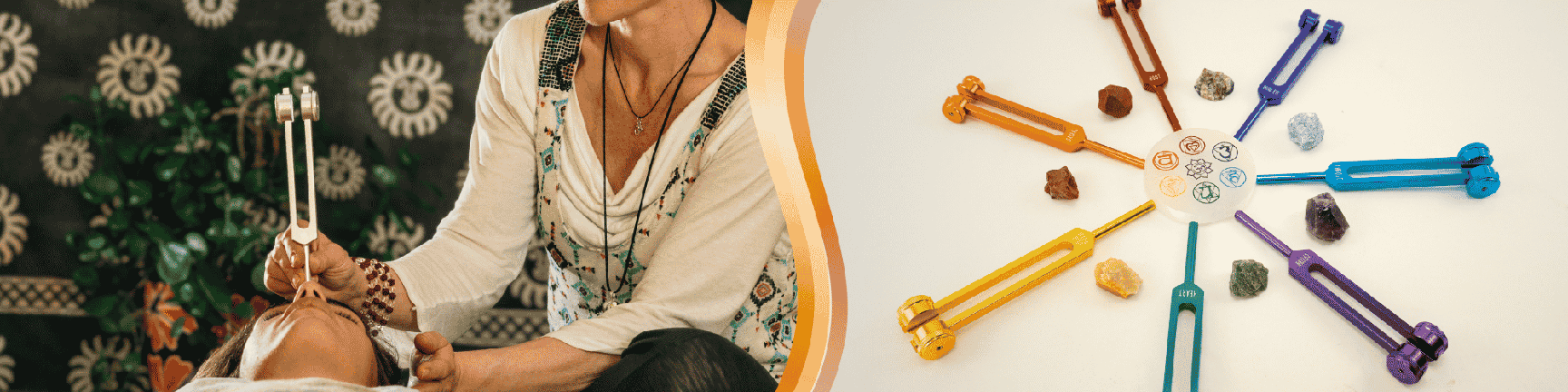 On the left, a woman holding a tuning fork in her hand. On the right, a set of seven chakra tuning forks displayed with rough stones in matching colors.