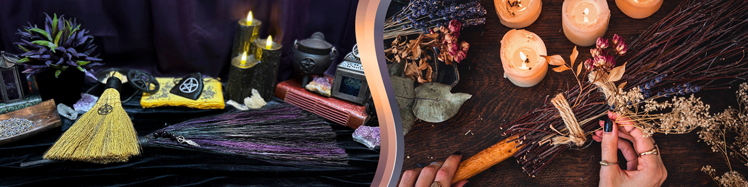 To the left, two witch’s brooms are displayed on black fabric in a witchy setting. The brooms have different designs. To the right, a person is making a witch’s broom decorated with flowers.