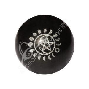 Black Tourmaline Sphere with Silver Moon Phase and Pentacle Design