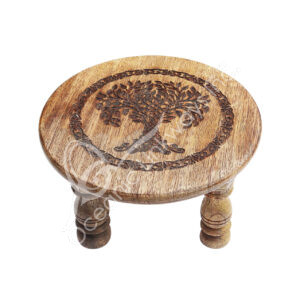 Mango Wood Altar Table with Tree of Life Engraved 6"Dia. X 4"H