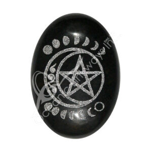 Black Tourmaline Pälm Stone with Silver Moon Phase and Pentacle Design