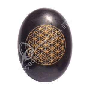 Black Tourmaline with Gold Flower of Life Design Palm Stone