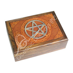 Acacia Wood Laser Engraved Pentacle Box with Silver Pentacle on Top