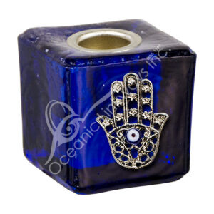 Cobalt Glass Candle Holder With Hand of Fatima Charm