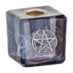 Black Glass Candle Holder With Pentacle Charm