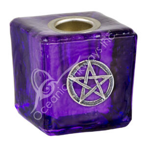 Purple Glass Candle Holder With Pentacle Charm