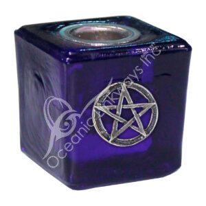 Cobalt Glass Candle Holder With Pentacle Charm