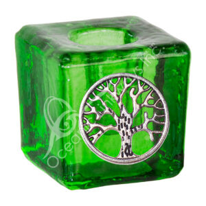 Green Glass Candle Holder With Tree of Life Charm