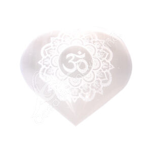 Engraved OM Lotus Polished Selenite Heart