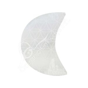 Polished Selenite Moon with Engraved Flower of Life