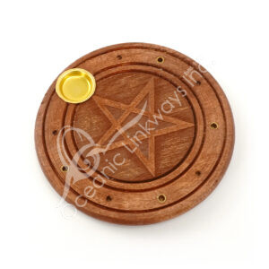 Round Wooden Incense Holder with Embossed Pentacle