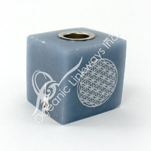 Angelite Cube-Shaped Mini Candle Holder with Flower of Life Design
