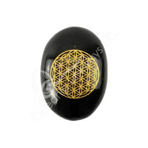 Black Feldspar Palm Stone with Gold Flower of Life Engraved