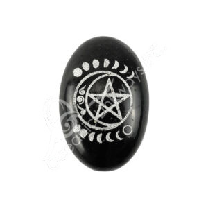 Black Feldspar Palm Stone with Silver Moon Phases & Pentacle Engraved