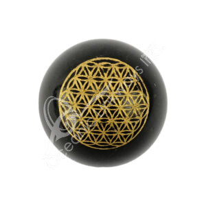 Black Feldspar Sphere with Gold Flower of Life Engraved