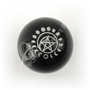 Black Feldspar Sphere with Silver Moon Phases & Pentacle Engraved